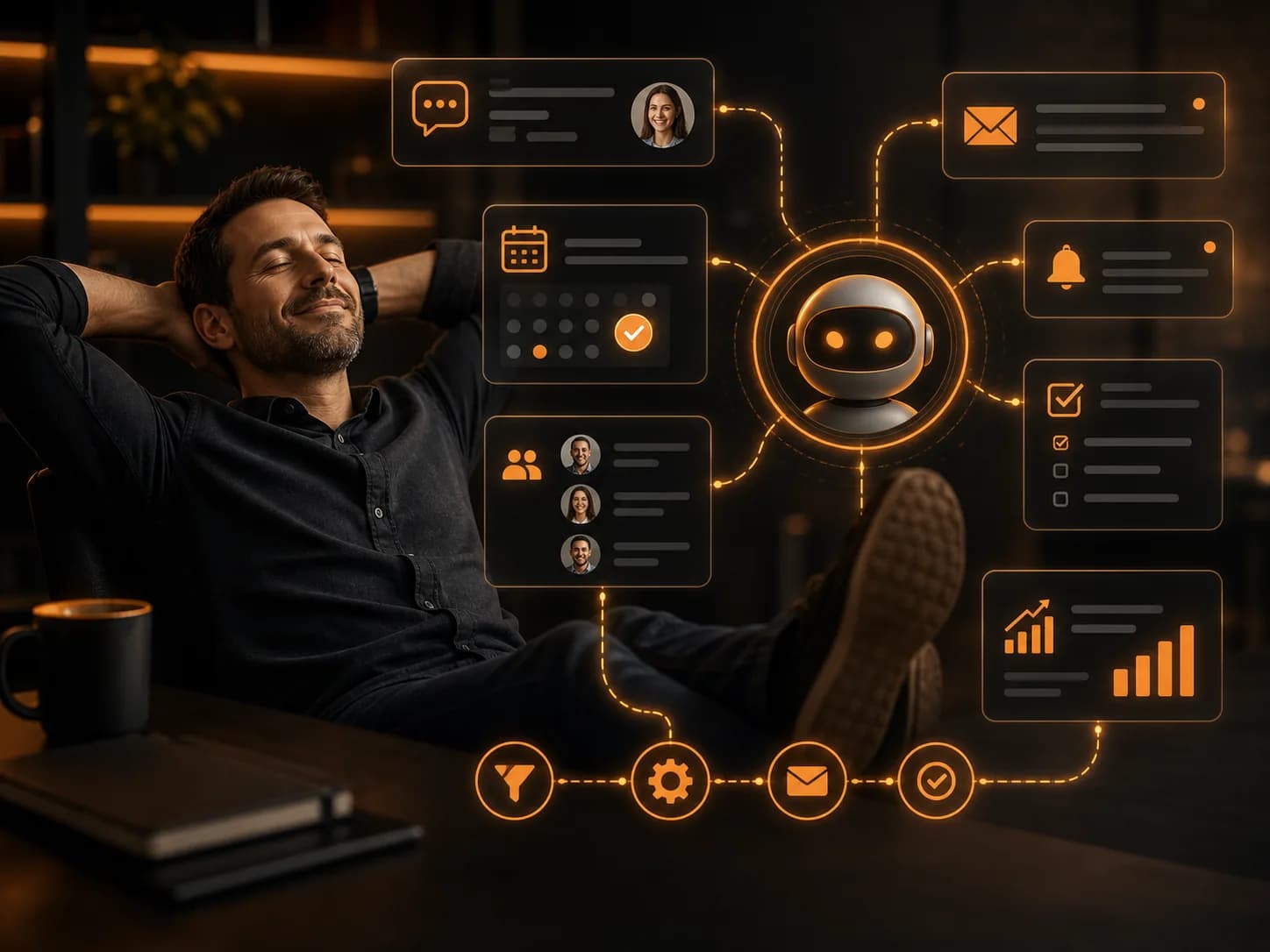Business owner resting while AI automation agents handle website workflows