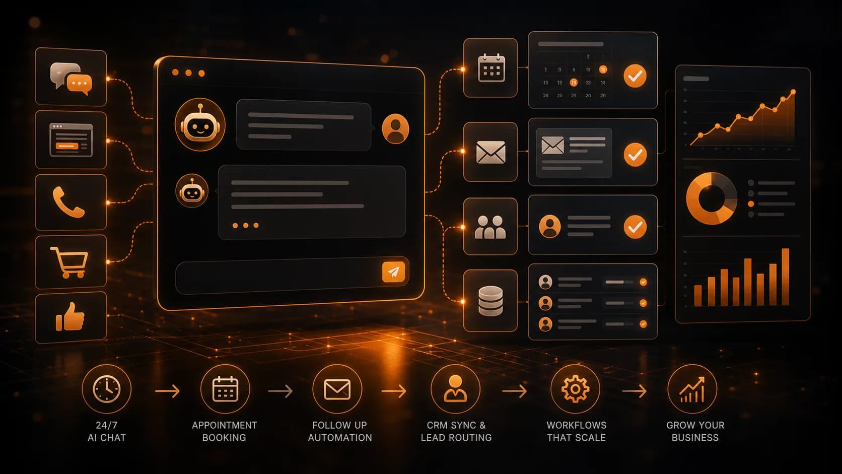 AI automation dashboard with chatbot, calendar, email, and lead workflow panels
