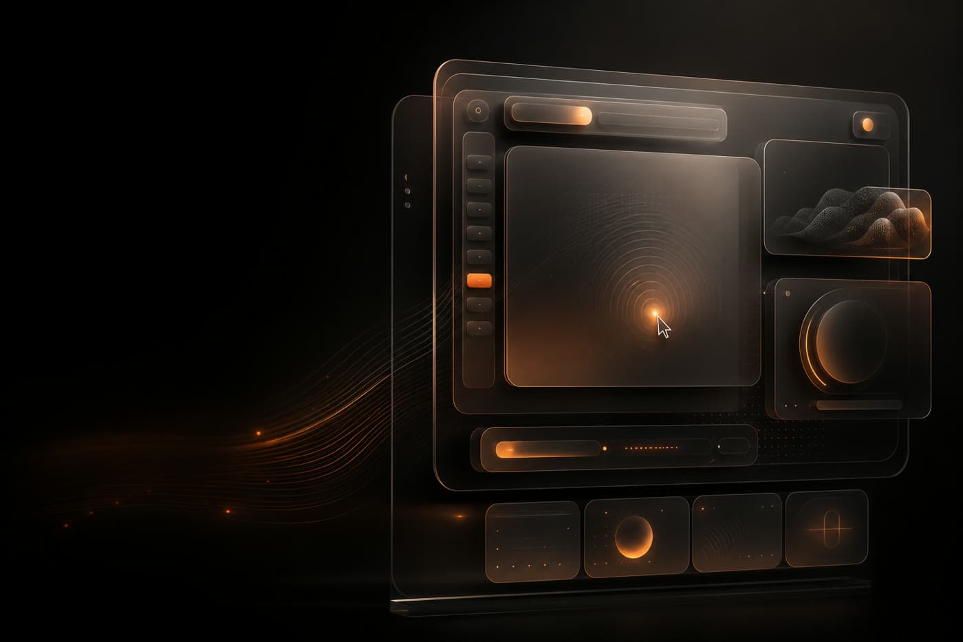 Tactile dark interface responding to a glowing cursor interaction